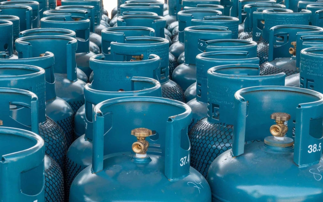 multiple rows of cylindrical tanks