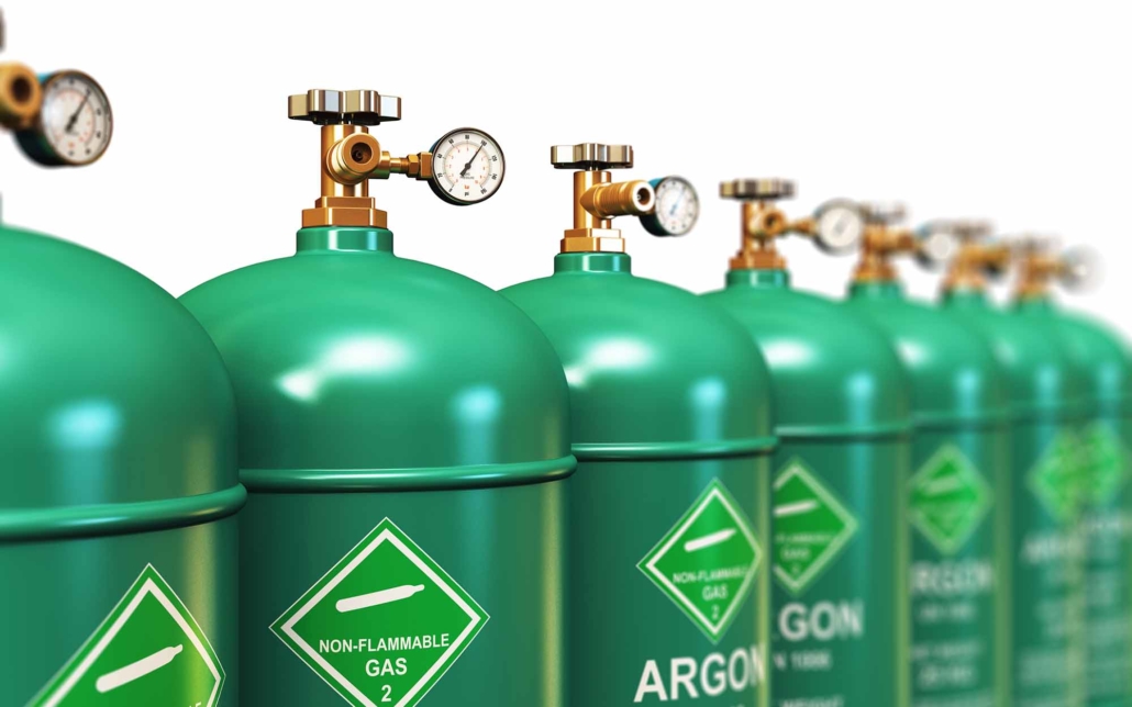 Row of liquefied argon industrial gas containers