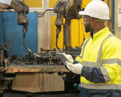 welding operator reviewing equipment